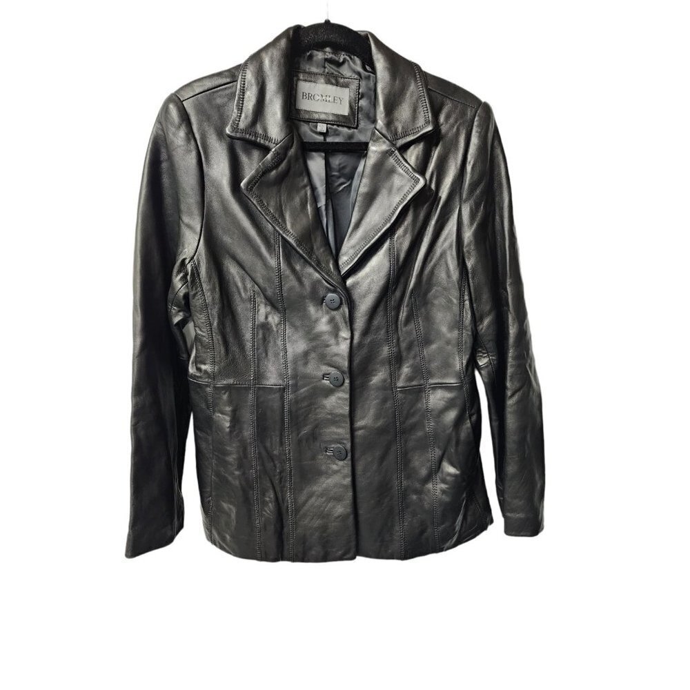 WOMEN'S BROMLEY COLLECTION BLACK BUTTON DOWN FITTED SOFT LEATHER JACKET Large